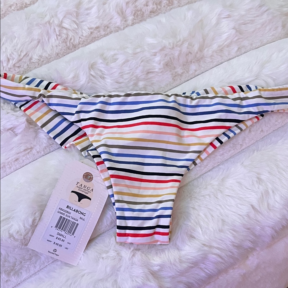 Billabong Multistripe Tanga Bikini Bottom in Navy, Red & Yellow